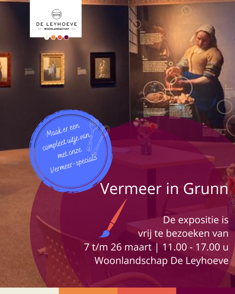 Poster pver de Vermeer expositie met op de achtergrond Het melkmeisje